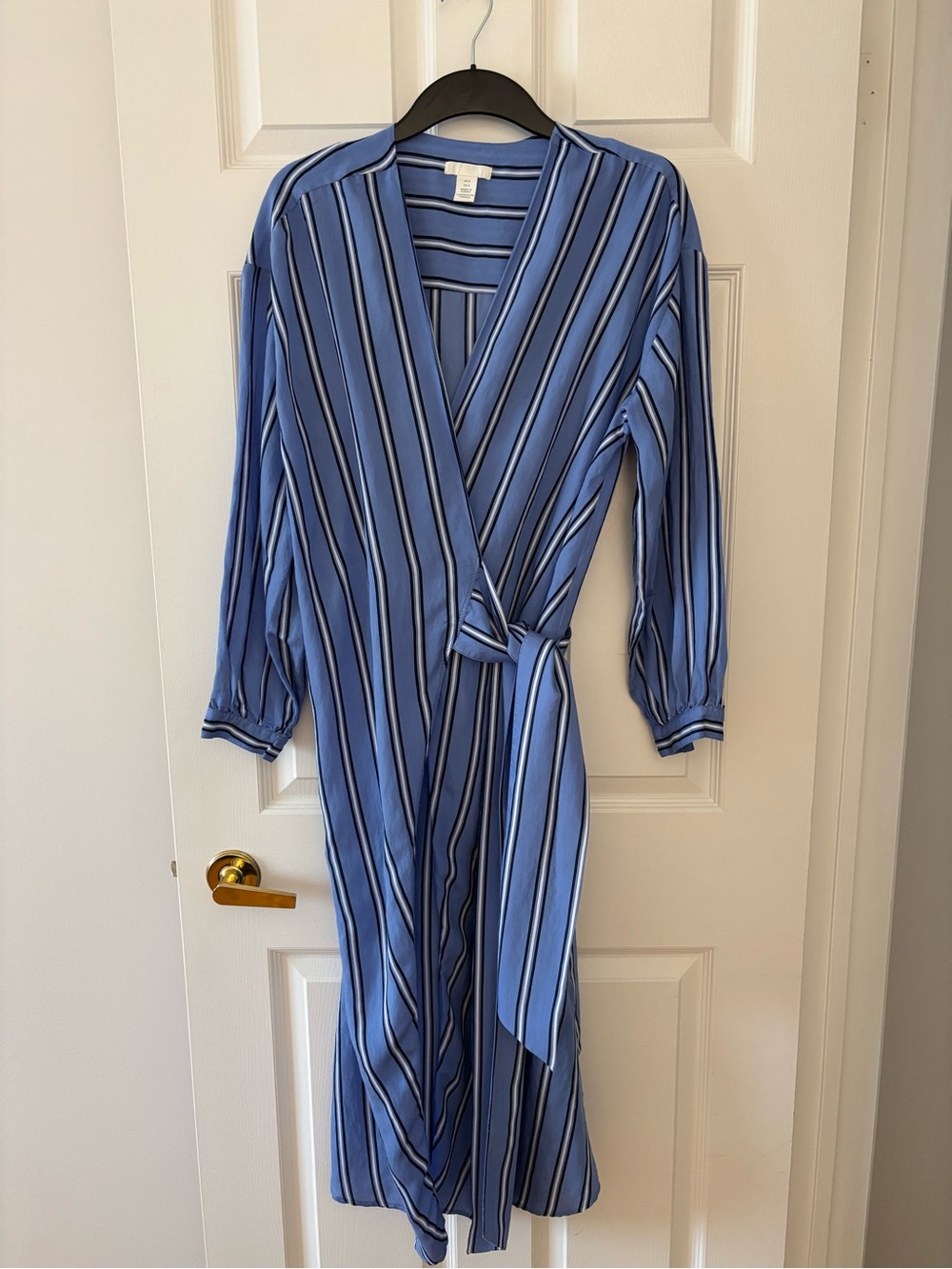 H&M Blue Striped Wrap Dress with Tie Waist